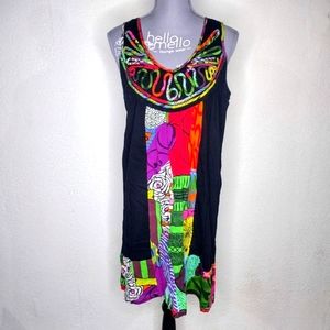 Juno India Cotton Abstract Patchwork Art Shift Dress Bright Colorful L Size 40